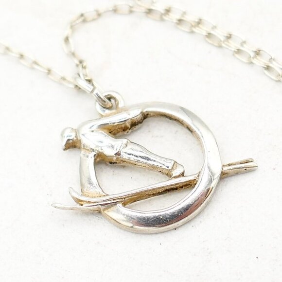 Vintage 800 Silver Ski Circle Pendant Necklace 22" - Picture 3 of 6